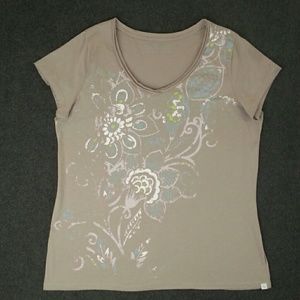 Eddie Bauer Flower Graphic Tan V-neck Tee L